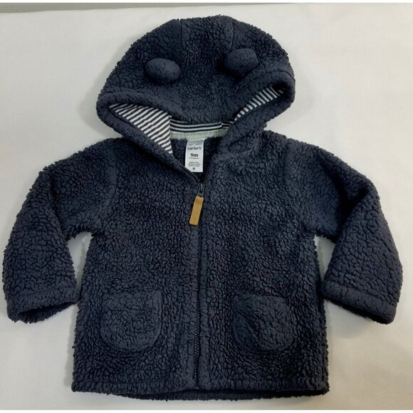 Carters Baby Boys Blue Fluffy Hooded Jacket 9M With Zipper & Pockets - Picture 8 of 8